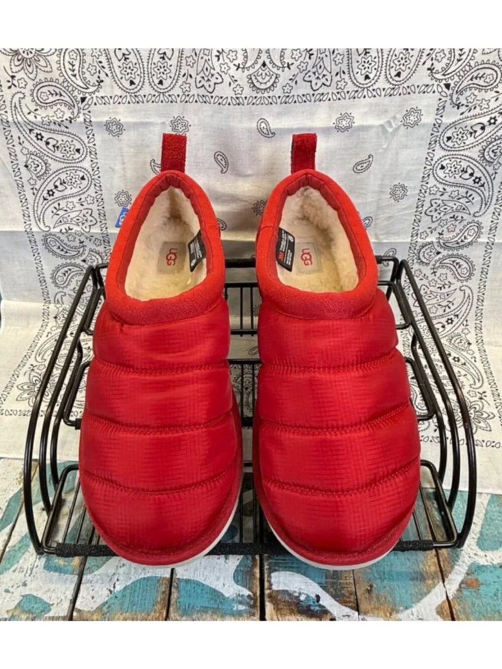 UGG Tasman LTA Red Nylon/Shearling 3M Thinsulate Slip On Slippers Mens 9 Worn 1X